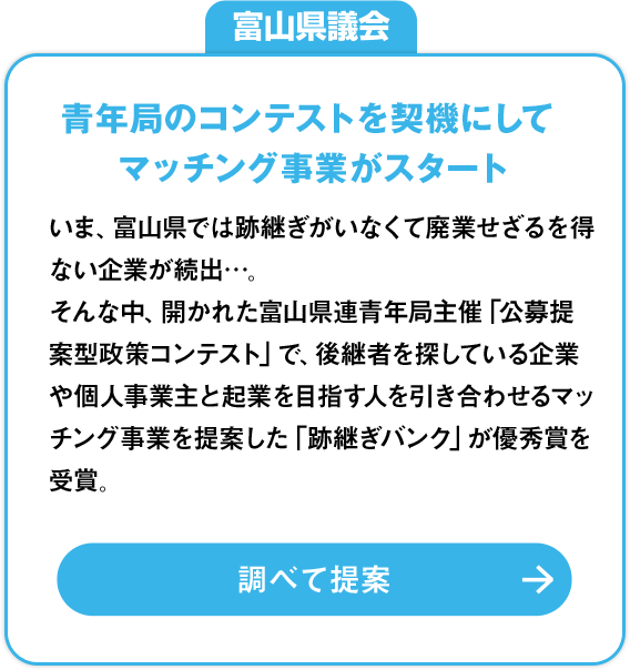 富山県議会「青年局のコンテストを契機にしてマッチング事業がスタート」：いま、富山県では跡継ぎがいなくて廃業せざるを得ない企業が続出…。そんな中、開かれた富山県連青年局主催「公募提案型政策コンテスト」で、後継者を探している企業や個人事業主と起業を目指す人を引き合わせるマッチング事業を提案した「跡継ぎバンク」が優秀賞を受賞。調べて提案»