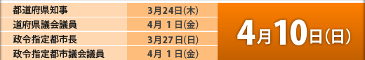 投票日4月10日(日) 都道府県知事 道府県議会議員 政令指定都市長 政令指定都市議会議員	