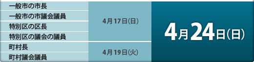 投票日4月24日(日) 一般市の市長 一般市の市議会議員 特別区の区長 特別区の議会の議員 町村長 町村議会議員