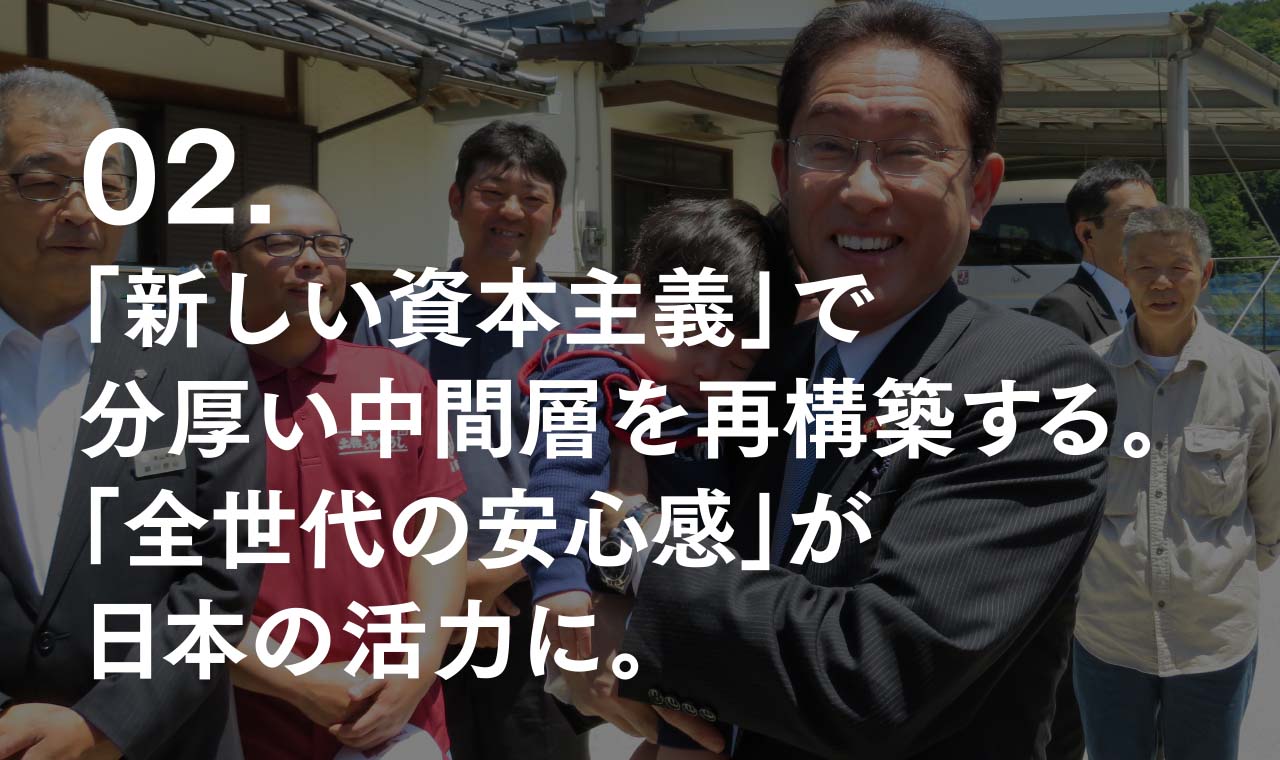 02. 「新しい資本主義」で分厚い中間層を再構築する。「全世代の安心感」が日本の活力に。