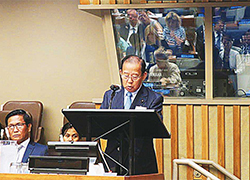 Secretary-General Toshihiro Nikai addresses the United Nations on the importance of disaster resilience