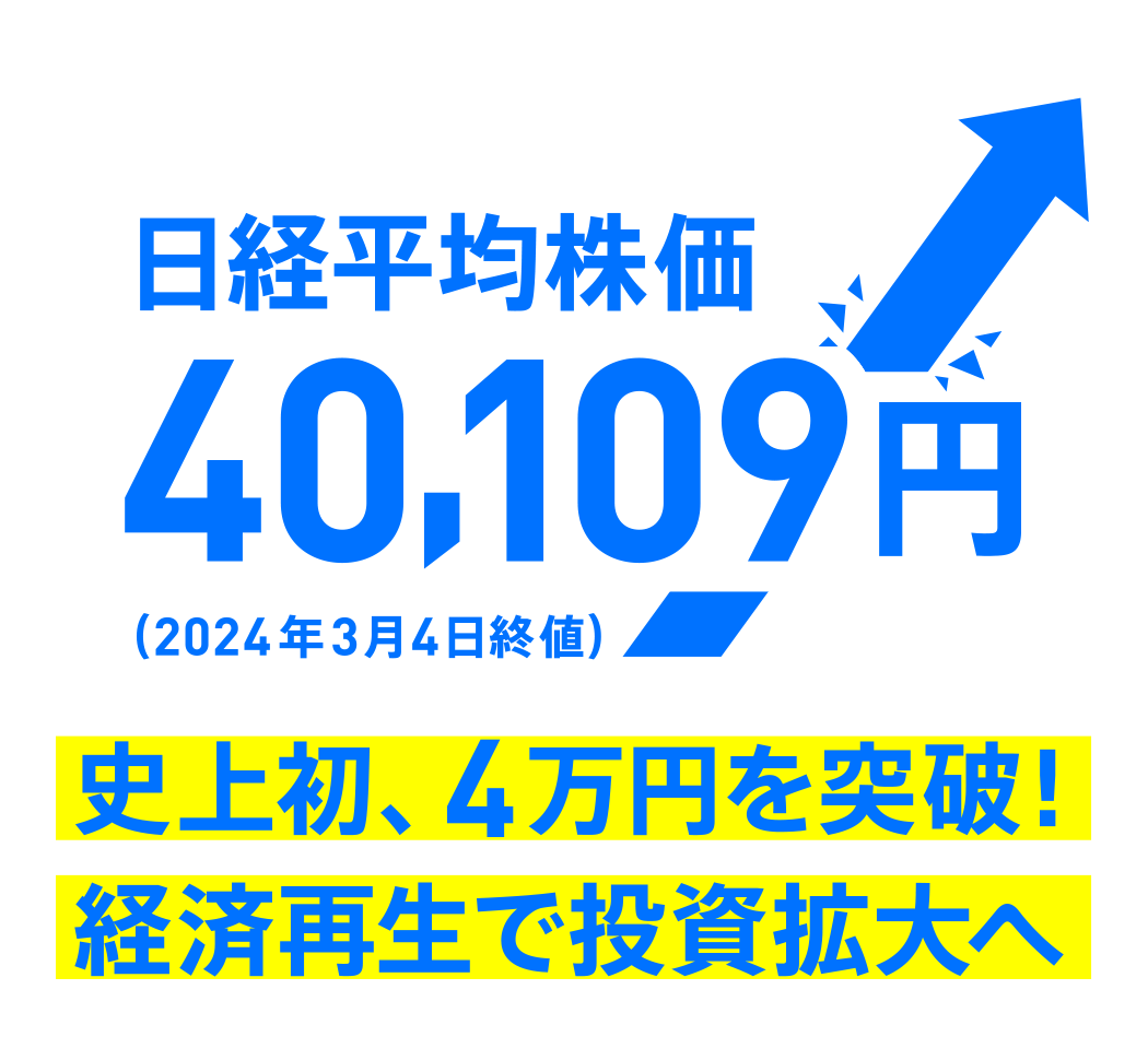 日経平均株価40,109円（2024年3月4日終値） 史上初、4万円を突破！ 経済再生で投資拡大へ