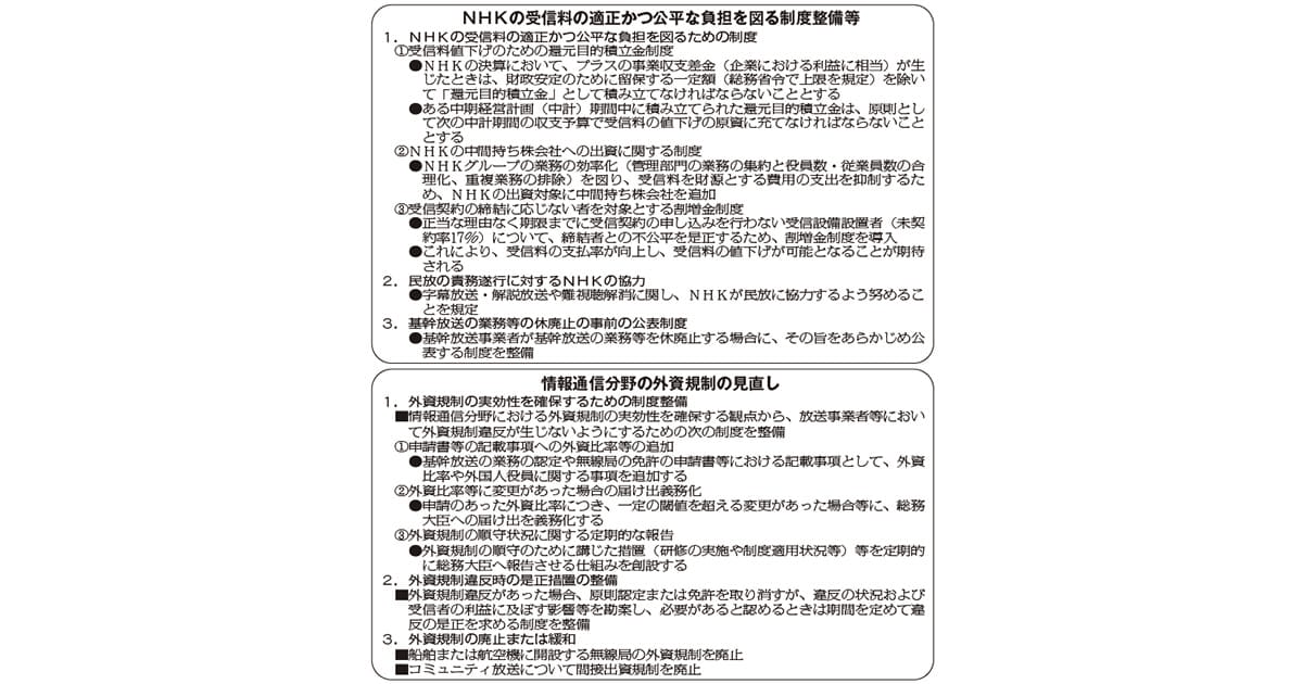 NHK受信料値下げ策・放送の外資規制見直し　電波法および放送法改正案のポイント