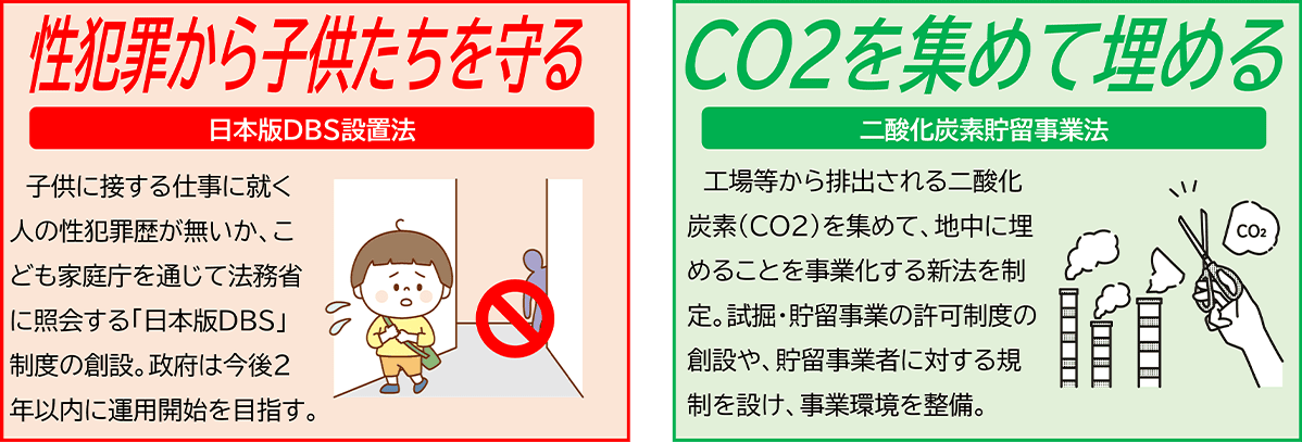 性犯罪から子供たちを守る(日本版DBS設置法)、CO2を集めて埋める(二酸化炭素貯留事業法)