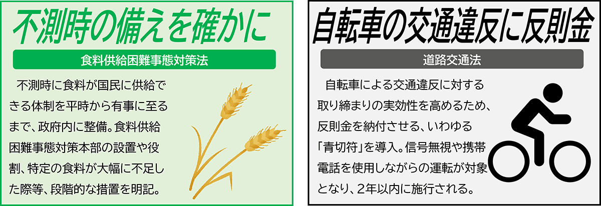 不測時の備えを確かに(食料供給困難事態対策法)、自転車の交通違反に反則金(道路交通法)