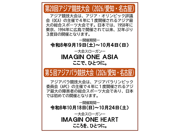 アジア競技大会・アジアパラ競技大会スポーツでアジアのこころをひとつに来年9月から愛知・名古屋で開幕