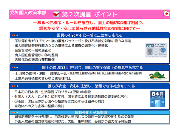 秩序・ルールを確立し、現実に即した外国人政策を外国人政策本部が第2次提言