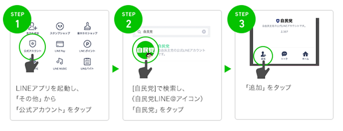 STEP1 LINEアプリを起動し、「その他」から「公式アカウント」をタップ STEP2 「自民党」で検索し、（自民党LINE@アイコン）「自民党」をタップ STEP3 「追加」をタップ